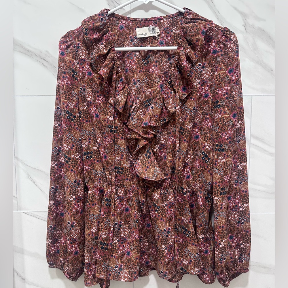 Everleigh Floral Print Long Sleeve Ruffle Blouse Size S Boho Festival Y2K Top